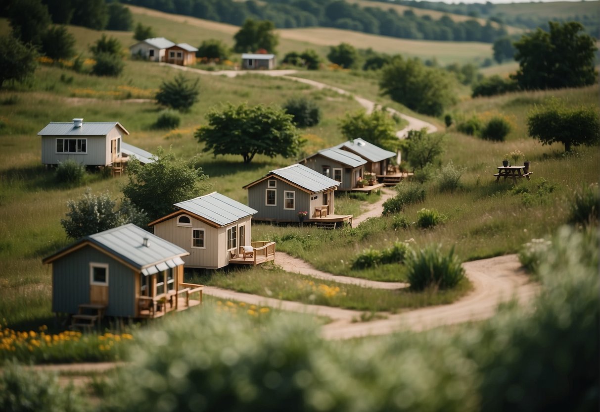A cluster of tiny homes nestled in the rolling hills of Kansas, surrounded by lush greenery and winding pathways, with communal gardens and gathering spaces