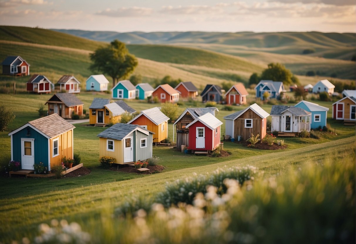 A cluster of colorful tiny homes nestled among rolling hills in a Kansas community, with a central gathering area and small gardens