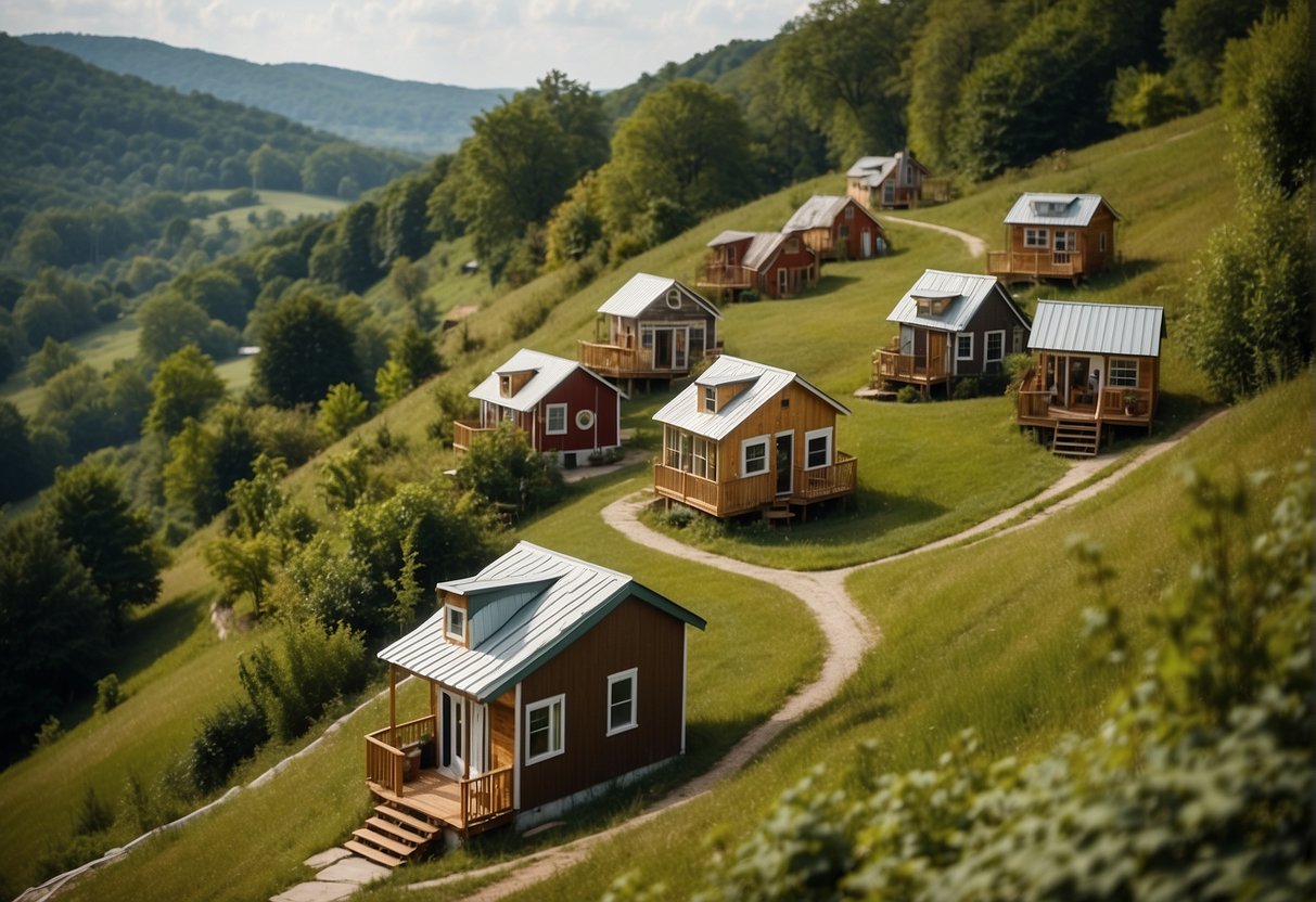 A cluster of cozy tiny homes nestled among rolling hills in rural Kentucky. Each home is surrounded by lush greenery and connected by winding pathways