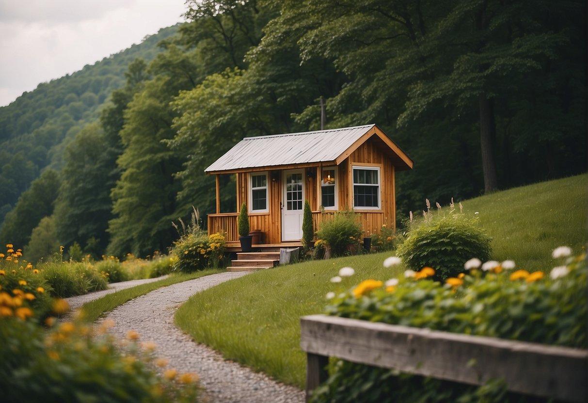 A cozy tiny home nestled in a lush Kentucky community, surrounded by rolling hills and vibrant foliage, with a sense of community and sustainable living