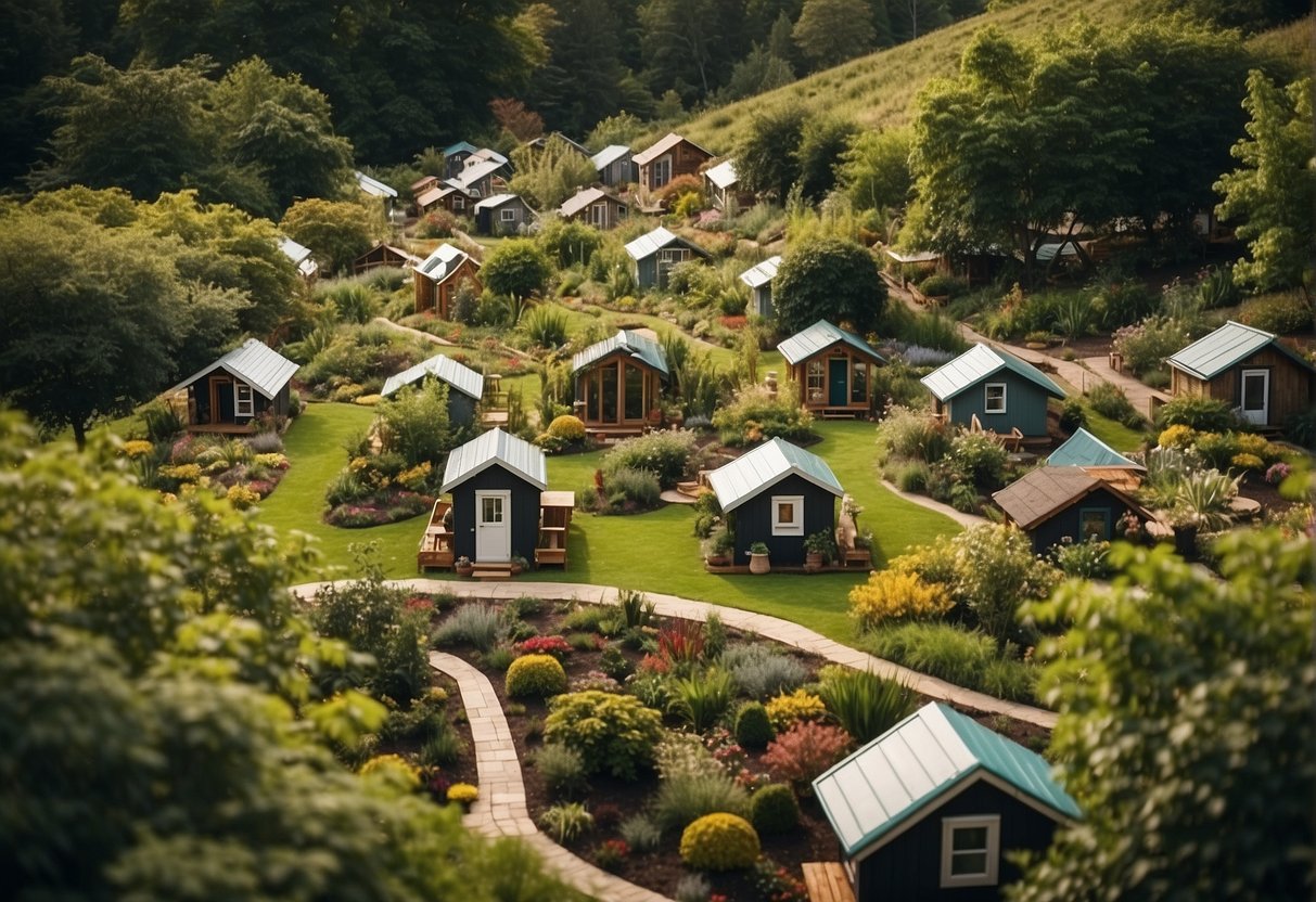 A cluster of tiny homes nestled in a lush green landscape, with communal spaces, gardens, and a central gathering area