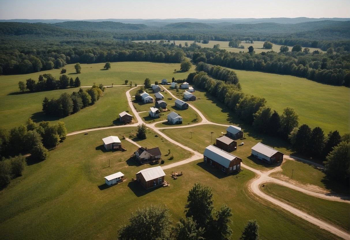 Aerial view of tiny homes in a rural Kentucky setting, with clear zoning and legal boundaries marked