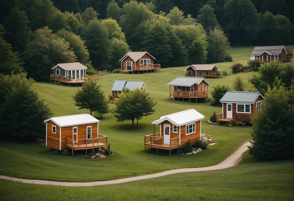 A cluster of tiny homes nestled in the rolling hills of Kentucky, with communal spaces and gardens, surrounded by lush greenery and a sense of community