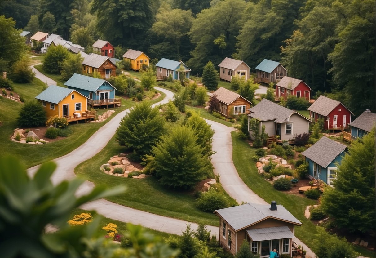 Tiny homes dot the lush landscape of Knoxville, TN. Colorful houses cluster around communal spaces, with gardens and winding paths connecting them