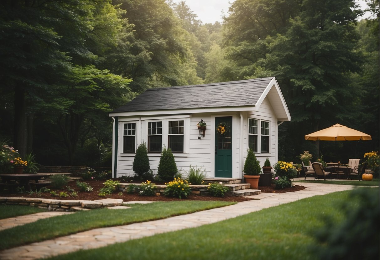 A cozy tiny home nestled in a vibrant Knoxville community, surrounded by lush greenery and friendly neighbors enjoying outdoor activities