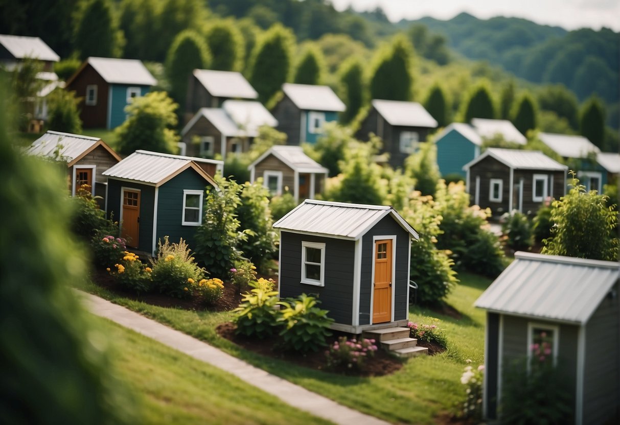 A cluster of tiny homes nestled among lush greenery in a serene community setting in Knoxville, TN