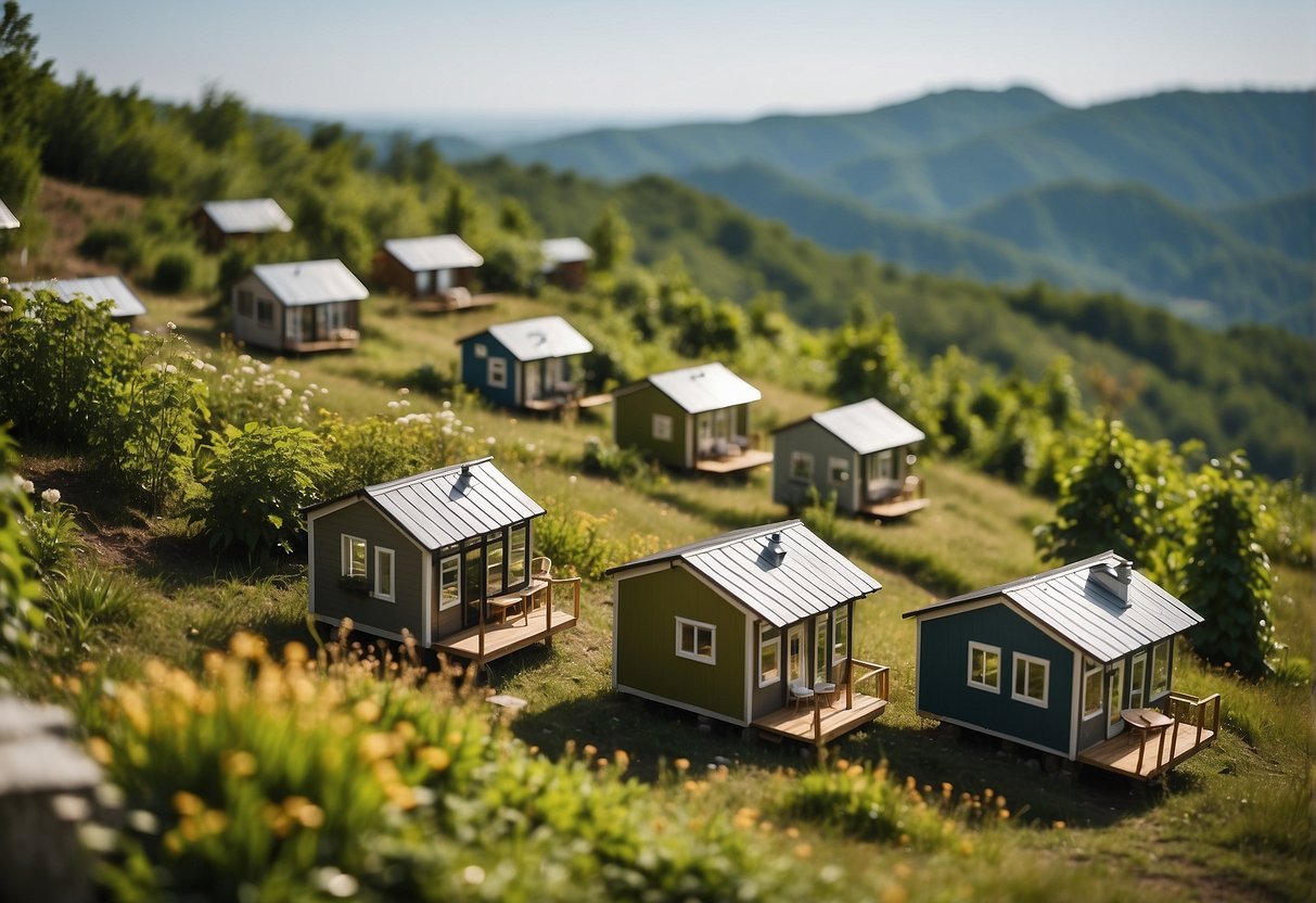 A group of tiny homes nestled within a lush green landscape, with clear signage indicating compliance with local regulations and zoning laws in Knoxville, TN