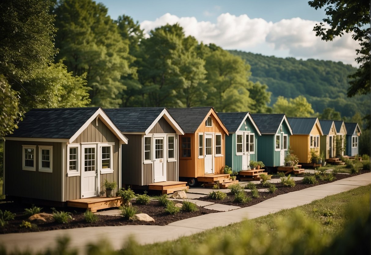 A cluster of tiny homes nestled in a lush, green landscape with communal spaces and friendly neighbors in Knoxville, TN