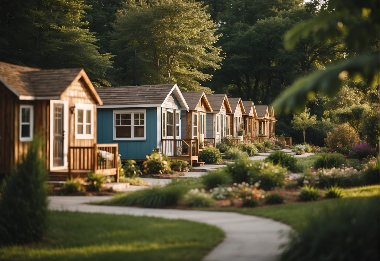 A cluster of tiny homes nestled in a serene Lancaster, PA community, surrounded by lush greenery and a sense of community