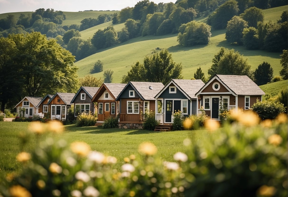 A cluster of tiny homes nestled among rolling hills in Lancaster County, PA. Each home is surrounded by lush greenery and blooming gardens, creating a serene and picturesque community