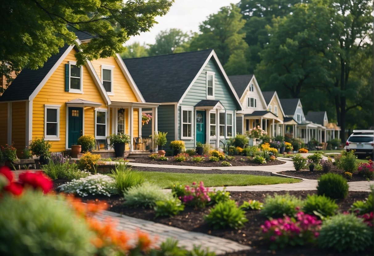 A bustling tiny home community in Lancaster, PA, with colorful houses, communal gardens, and residents enjoying outdoor amenities