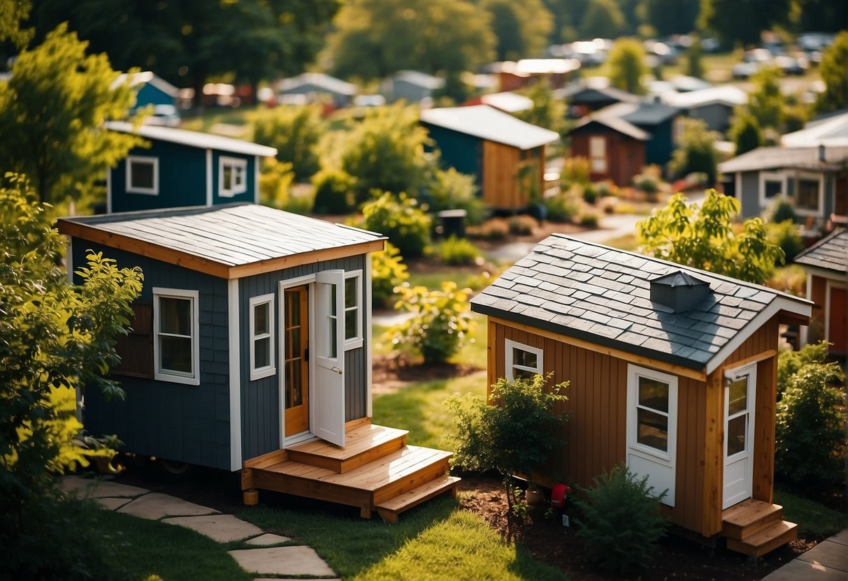 Tiny homes clustered in Lancaster, PA, surrounded by greenery and community spaces. Affordable housing options with a sense of community and sustainability