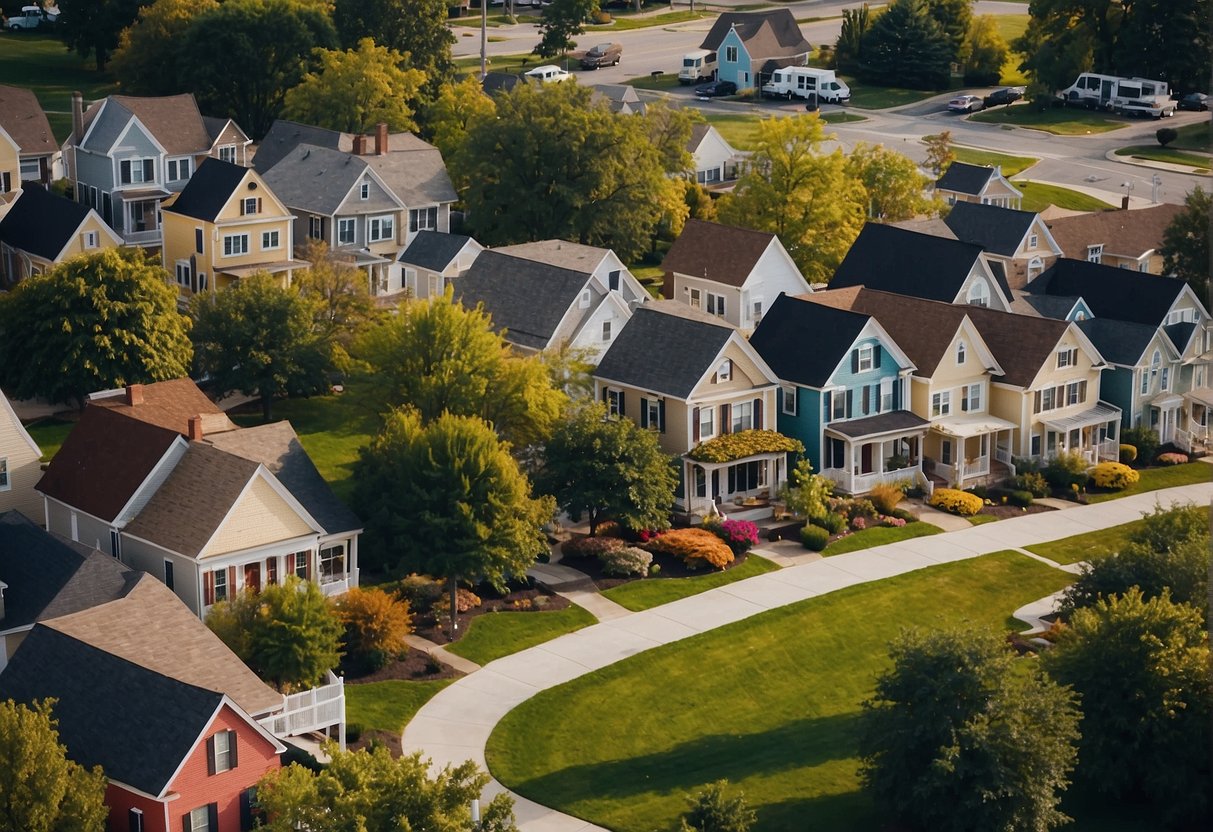 Aerial view of Lancaster, PA tiny home community with colorful houses, communal gardens, and walking paths