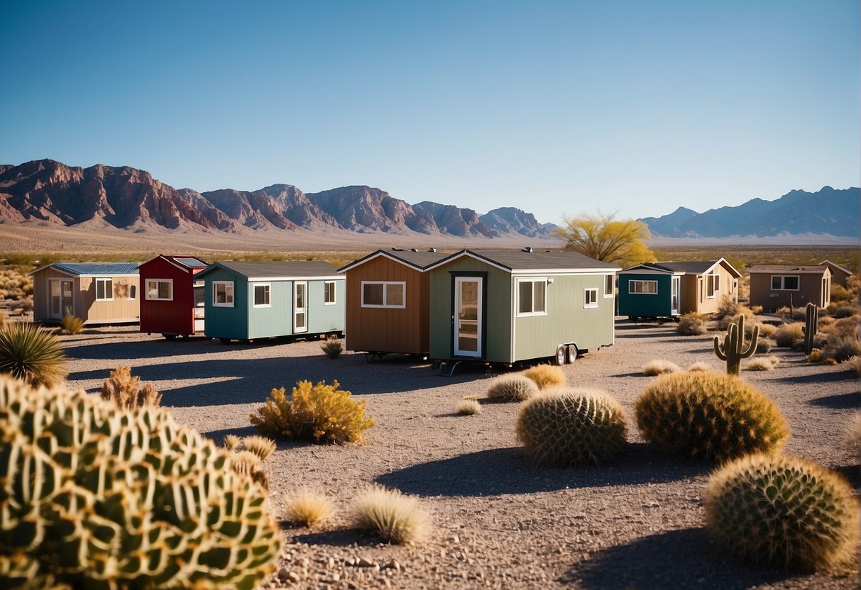 A cluster of tiny homes nestled in the desert landscape of Las Vegas, surrounded by cacti and mountains, under a clear blue sky