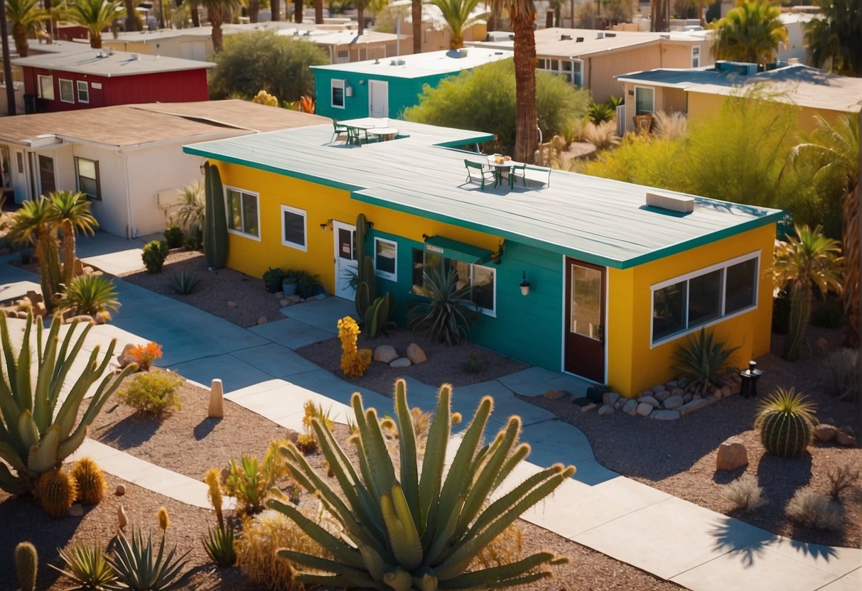 A sunny day in a Las Vegas tiny home community, with colorful, compact houses nestled among palm trees and cacti, residents enjoying outdoor amenities like a communal garden and a small gathering area