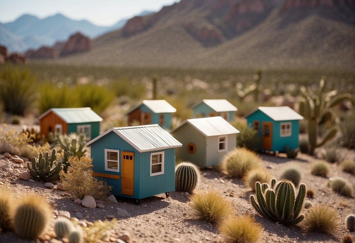 A cluster of tiny homes nestled in the desert landscape of Las Vegas, surrounded by cacti and rugged mountains in the distance