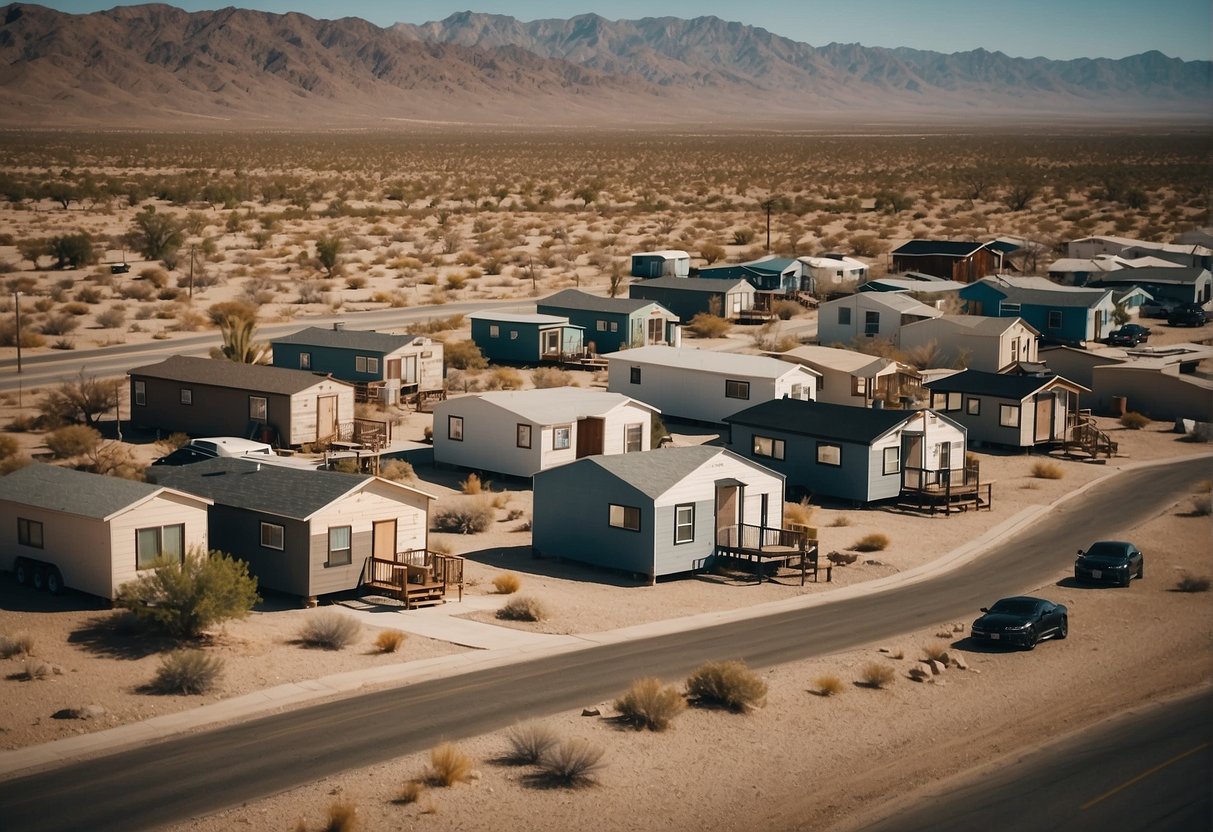 Aerial view of tiny homes in desert landscape with clear zoning boundaries and regulations signage in Las Vegas