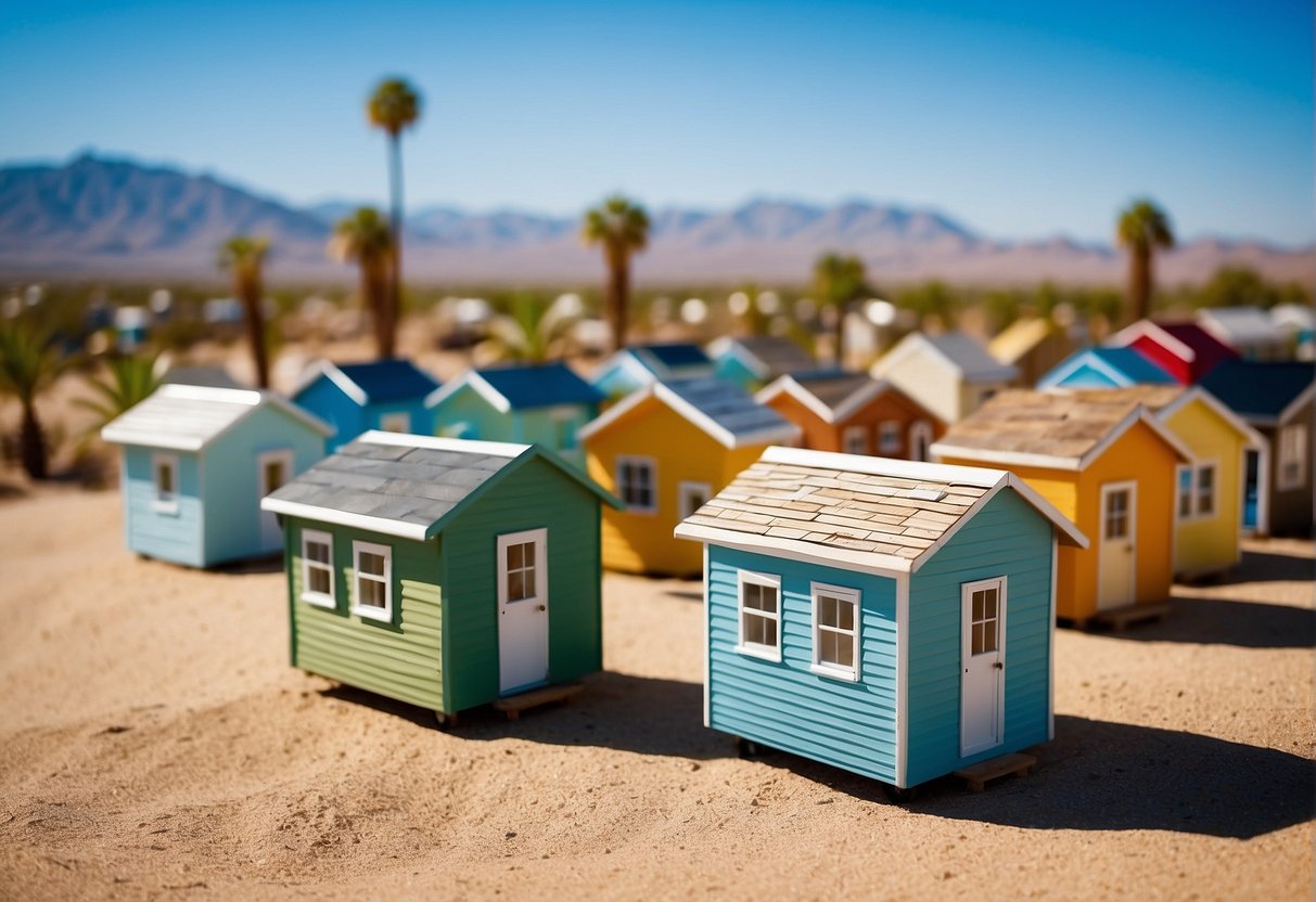 A cluster of colorful tiny homes nestled in a desert landscape, with palm trees swaying in the background and a clear blue sky overhead