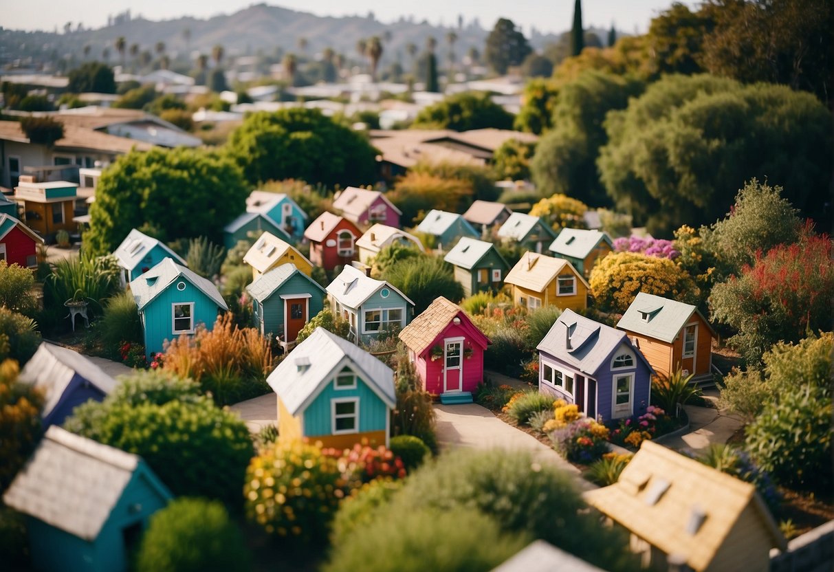 A cluster of colorful tiny homes nestled among lush greenery in a bustling Los Angeles neighborhood