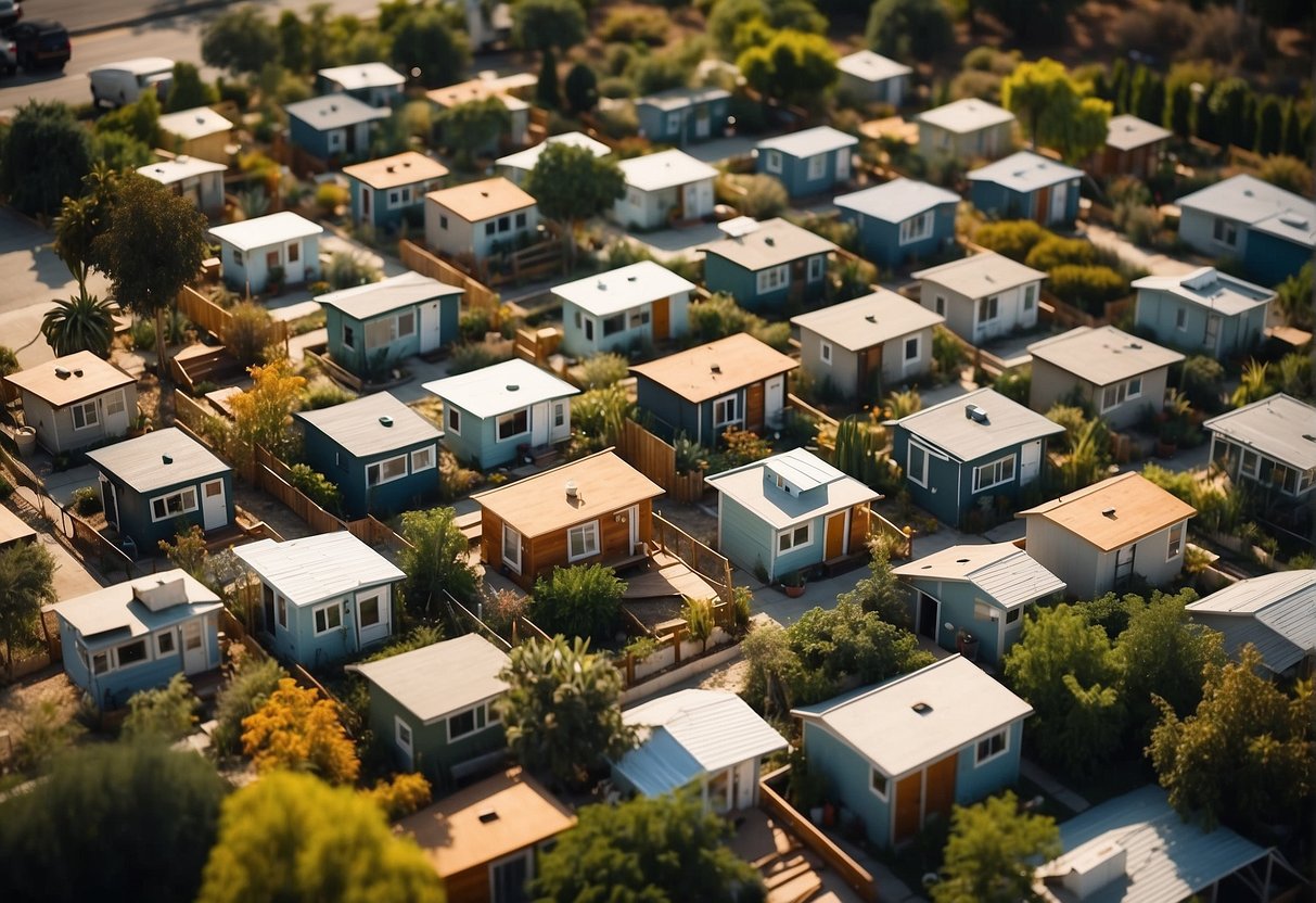Aerial view of clustered tiny homes in Los Angeles community. Tiny homes are arranged in a grid pattern with communal spaces and greenery interspersed