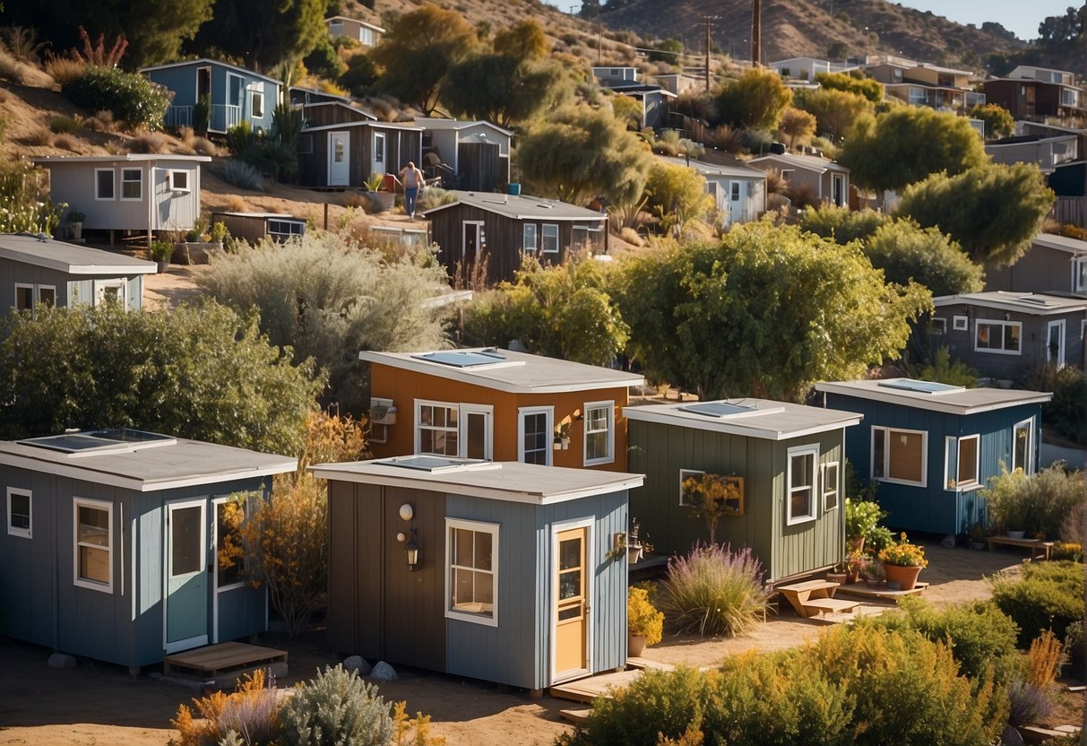 A cluster of tiny homes nestled within the urban landscape of Los Angeles, with community gardens and shared spaces, reflecting a sustainable and inclusive living environment