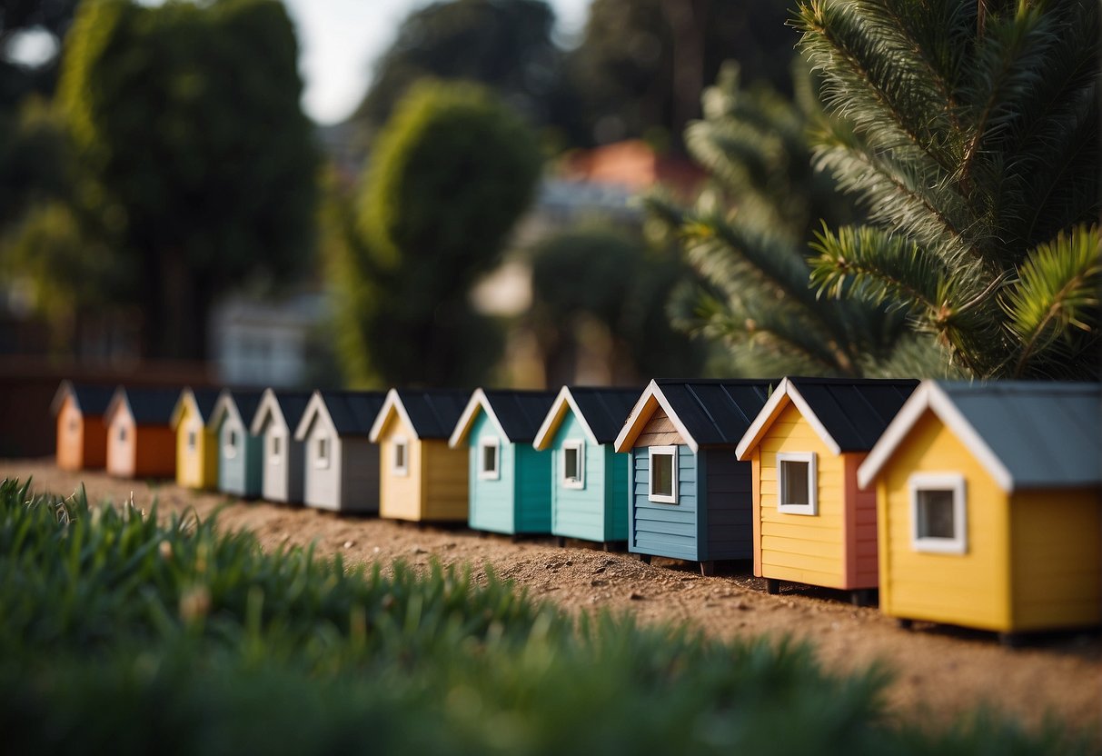 A row of colorful tiny homes nestled among trees in a bustling Los Angeles community