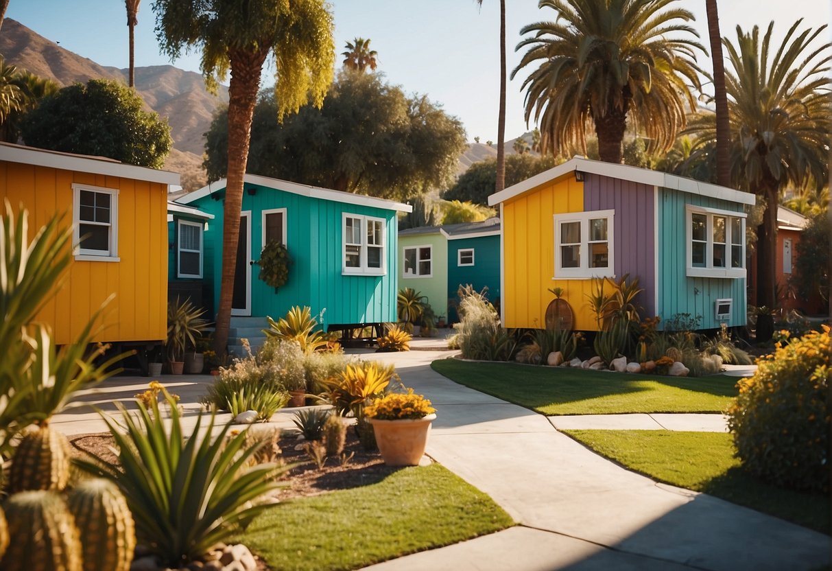 A cluster of colorful tiny homes nestled among palm trees in a vibrant Los Angeles neighborhood, with residents chatting and walking their pets
