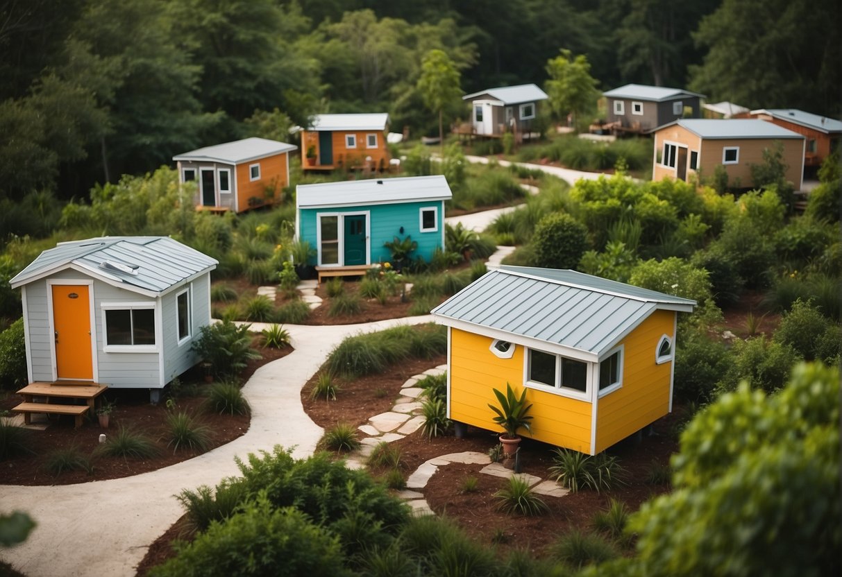 Colorful tiny homes nestled among lush greenery, with winding pathways and communal gathering spaces, set against the backdrop of Louisiana's unique landscape