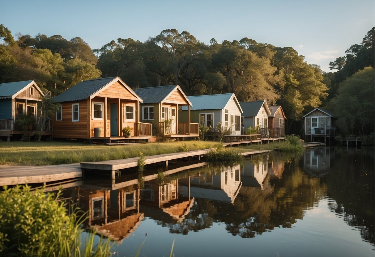 Tiny homes dotted along the bayou, surrounded by lush greenery and cypress trees. Community gardens and communal spaces create a sense of togetherness in the peaceful Louisiana setting