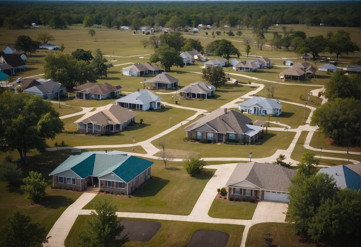 Aerial view of Louisiana landscape with tiny home communities, surrounded by regulatory signs and documents