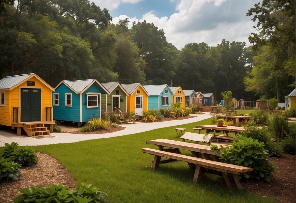 A cluster of colorful tiny homes nestled among lush greenery in a Louisiana community. A central communal space with picnic tables and a fire pit invites residents to gather and socialize