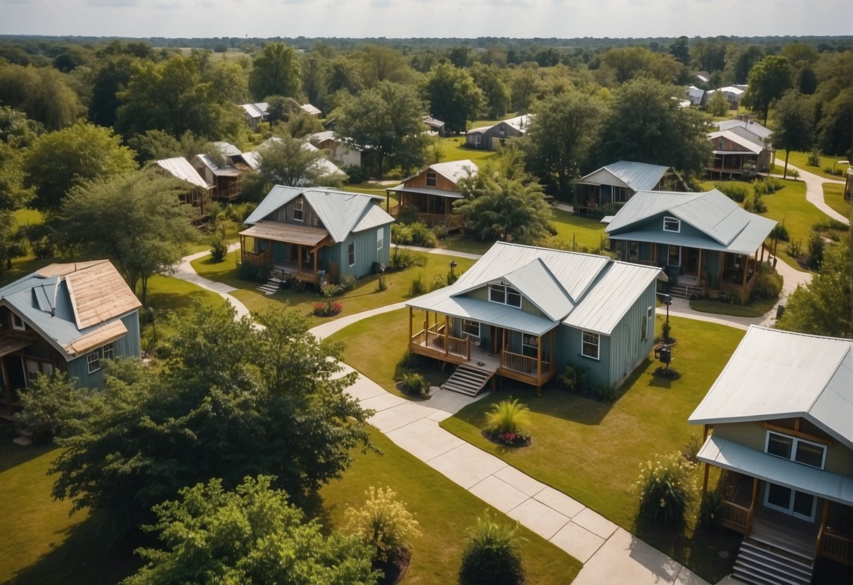 Aerial view of cozy tiny homes nestled among lush greenery in a Louisiana community, with communal spaces for residents and a focus on financial freedom and sustainable living