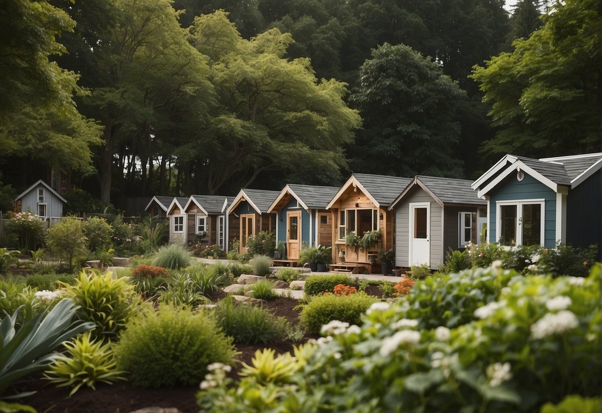 A cluster of tiny homes nestled among lush greenery, with a central gathering area and communal gardens, embodying a sense of community and sustainability