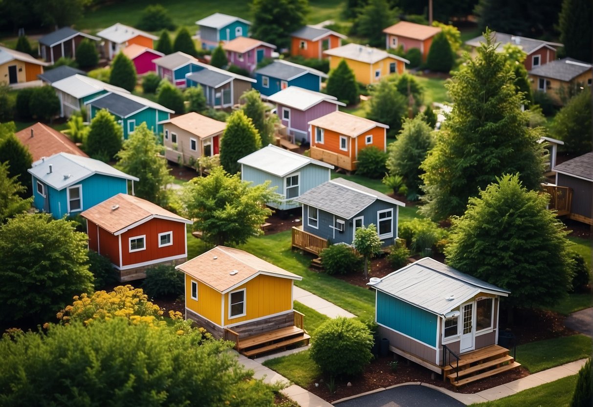 A cluster of colorful tiny homes nestled in a lush, tree-lined community in Louisville, KY. Each home is uniquely designed and surrounded by vibrant gardens and communal gathering spaces