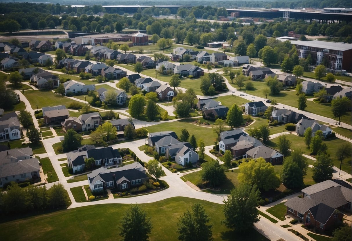 Aerial view of Louisville, KY with clustered tiny homes, green spaces, and communal areas