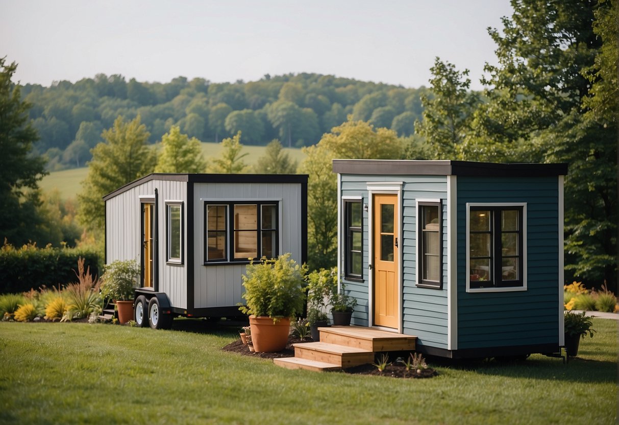 People browsing tiny homes in Louisville, KY community. Homes of various sizes and styles. Signage advertising buying and renting options. Lush greenery and communal areas