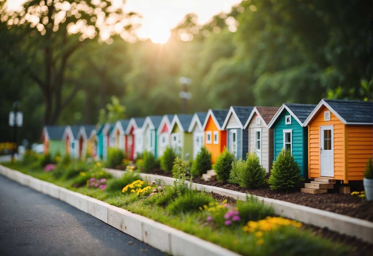 A row of colorful tiny homes surrounded by trees and greenery, with a sign reading "Frequently Asked Questions tiny home communities in Louisville, KY" at the entrance