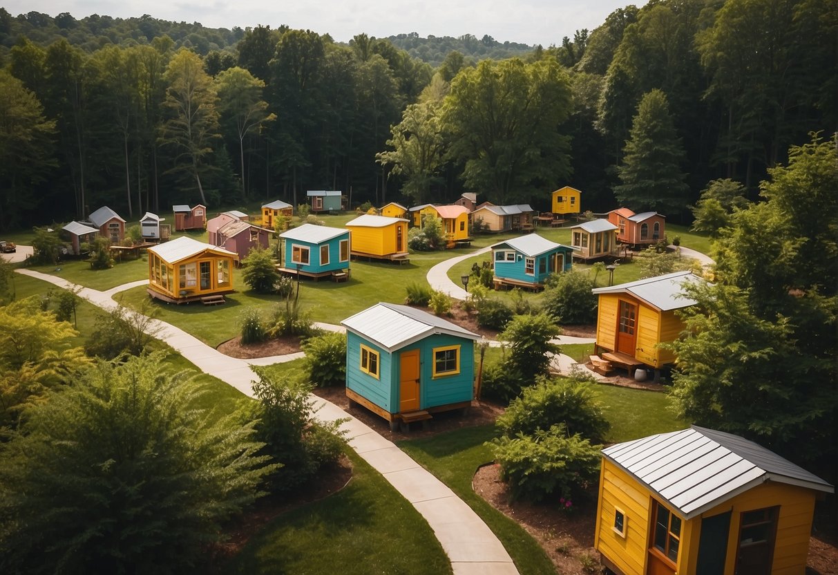 A cluster of colorful tiny homes nestled among trees in Lynchburg, VA, with winding pathways and communal gathering areas