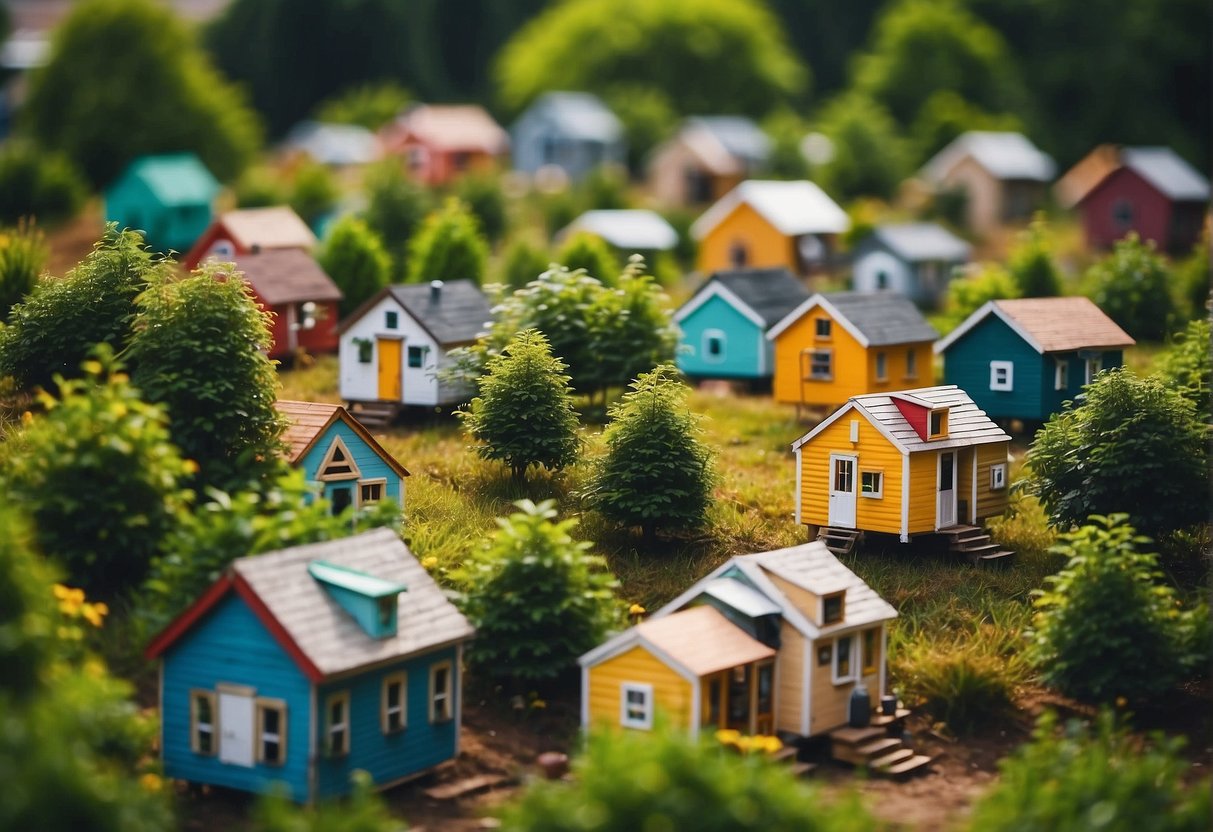 A cluster of colorful tiny homes nestled among lush greenery in Lynchburg, VA. Community garden and communal gathering spaces create a cozy atmosphere