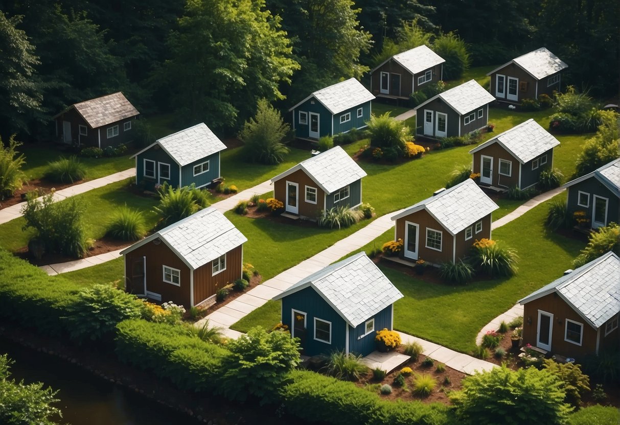 A cluster of tiny homes nestled among lush greenery in Lynchburg, VA, with winding pathways and communal spaces for residents