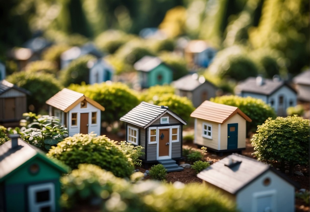 A cluster of tiny homes nestled among lush green trees in a serene community setting, with a central gathering space and small garden plots