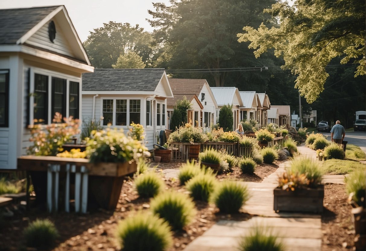 A bustling tiny home community in Lynchburg, VA, with residents chatting, gardening, and walking their pets among the charming, compact houses