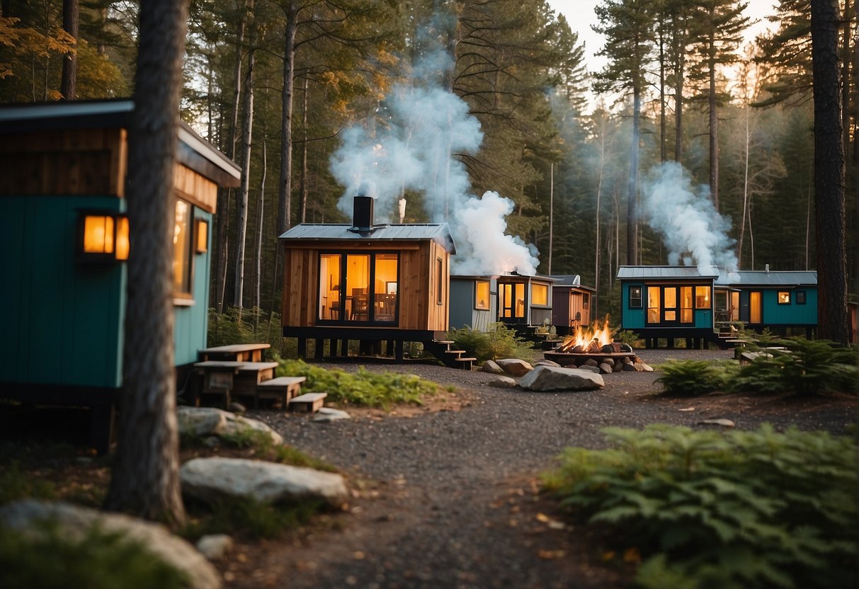 A cluster of colorful tiny homes nestled among the trees in a serene Maine forest. Smoke rises from chimneys as residents gather around a communal firepit