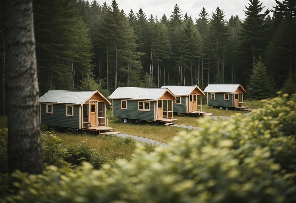 A serene Maine landscape with tiny homes nestled amidst lush greenery and rolling hills, showcasing a sense of community and sustainability