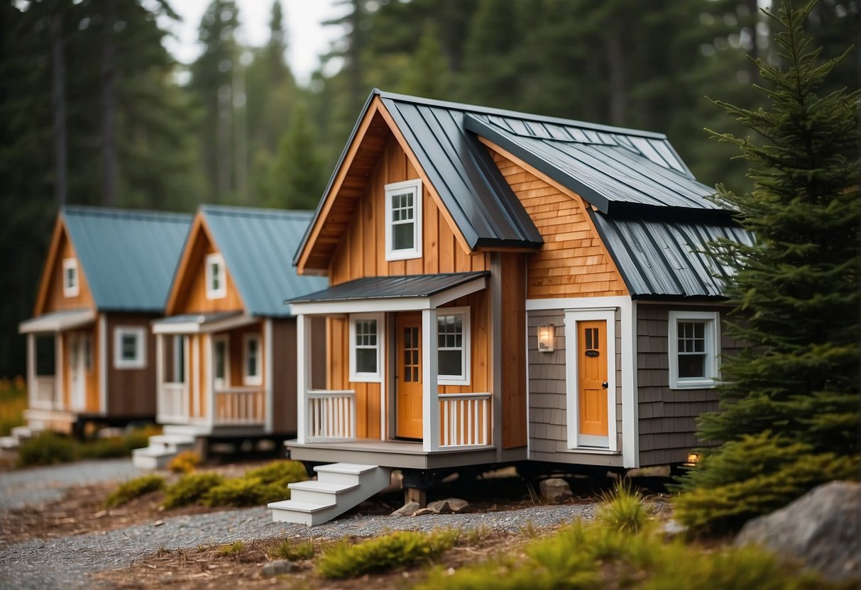Tiny homes arranged in a community setting with clear signage of zoning ordinances and legal framework documents in Maine