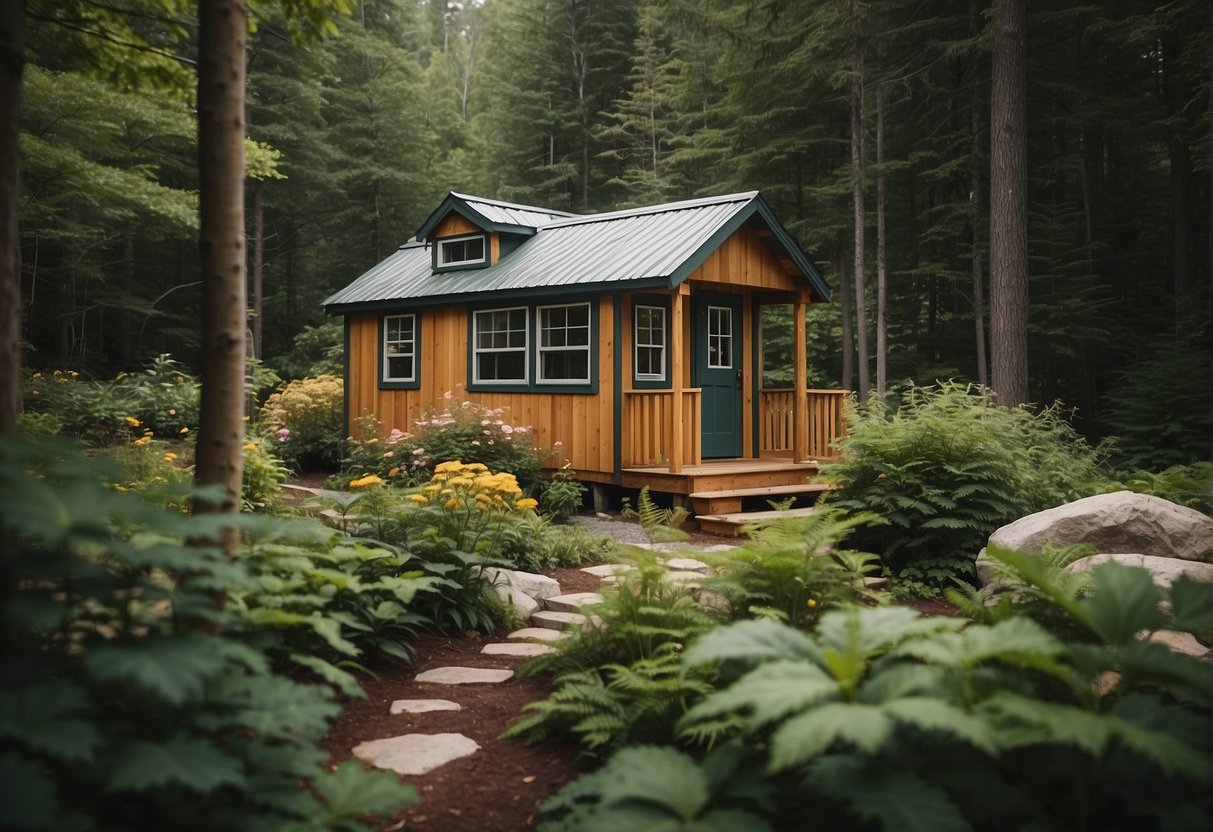 A variety of tiny homes nestled among the lush forests of Maine, with communal areas and gardens, creating a sense of community and sustainable living
