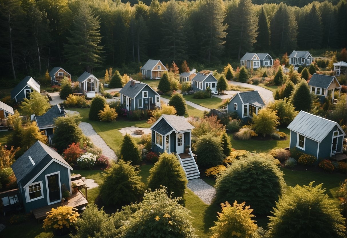 A cluster of tiny houses nestled in a serene Maine landscape, with communal gardens, shared spaces, and a sense of community