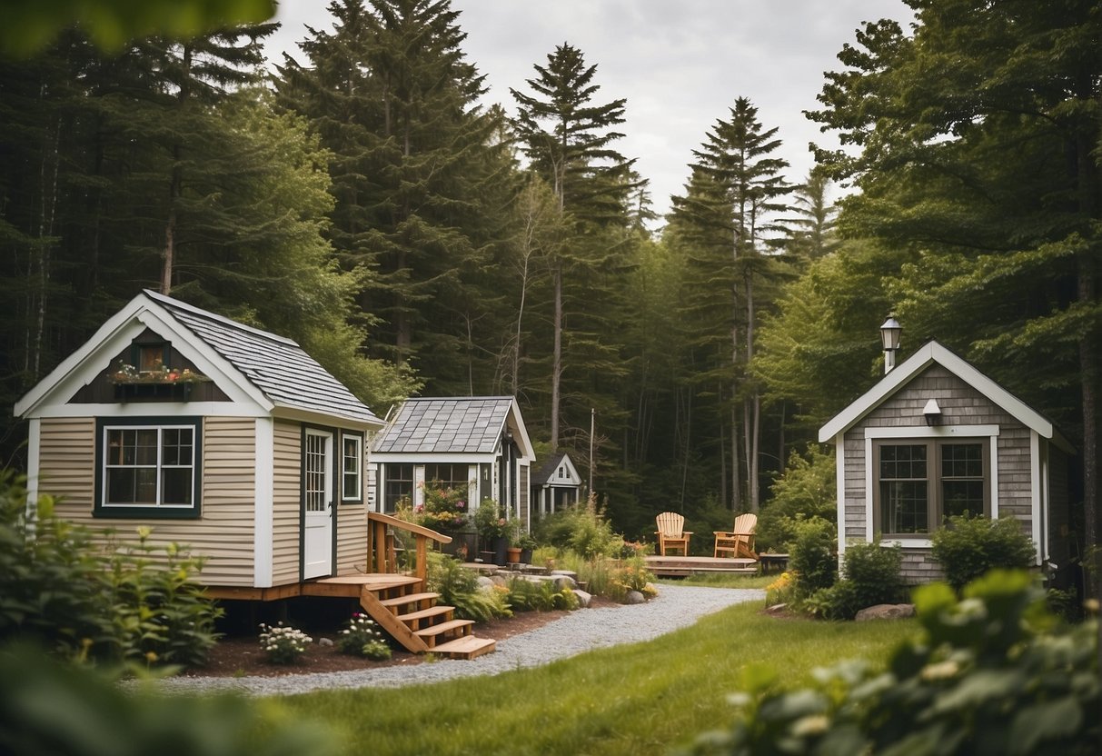A cluster of cozy tiny homes nestled among the lush greenery of Maine, with communal spaces and friendly neighbors