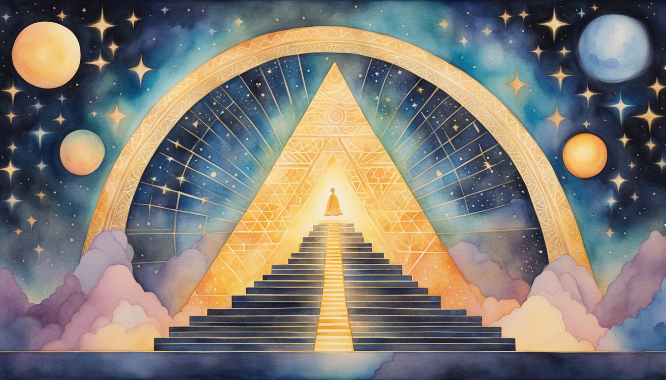 A glowing celestial figure hovers above a pyramid, surrounded by 36 radiant stars and surrounded by intricate geometric patterns