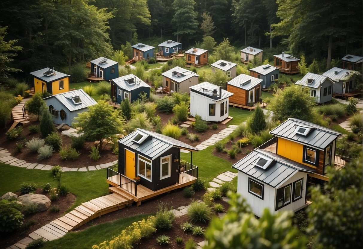A cluster of tiny homes nestled in a serene Maryland community, surrounded by lush greenery and winding pathways. Each home features unique architectural designs and cozy outdoor spaces